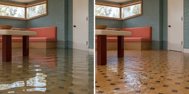 Water Extraction Near Wilshire Park — standing-water stage and damp pickup-stage comparison