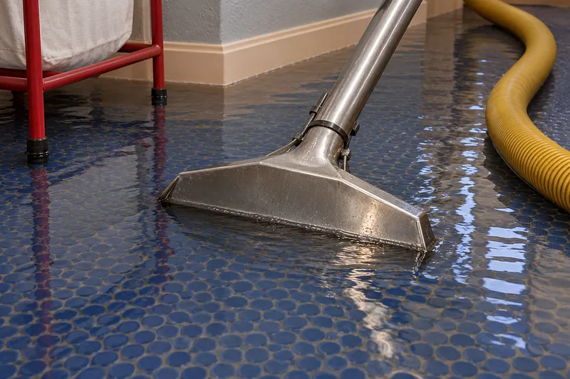 Water Extraction in Euless — extraction wand and hose on an affected tile floor